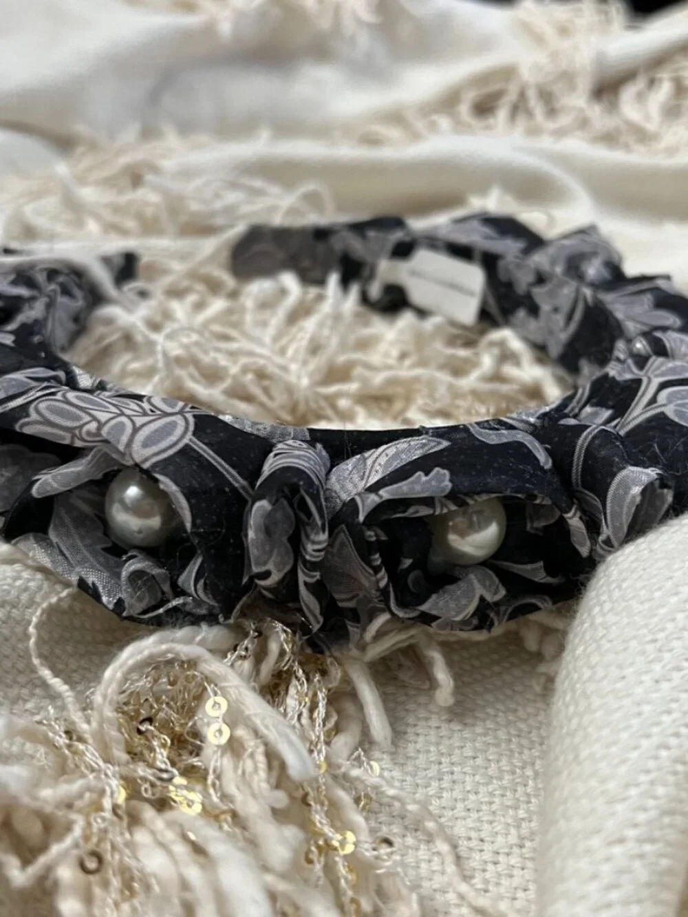 Anthropologie Black Floral Embellished Pearl Ruffle Headband New